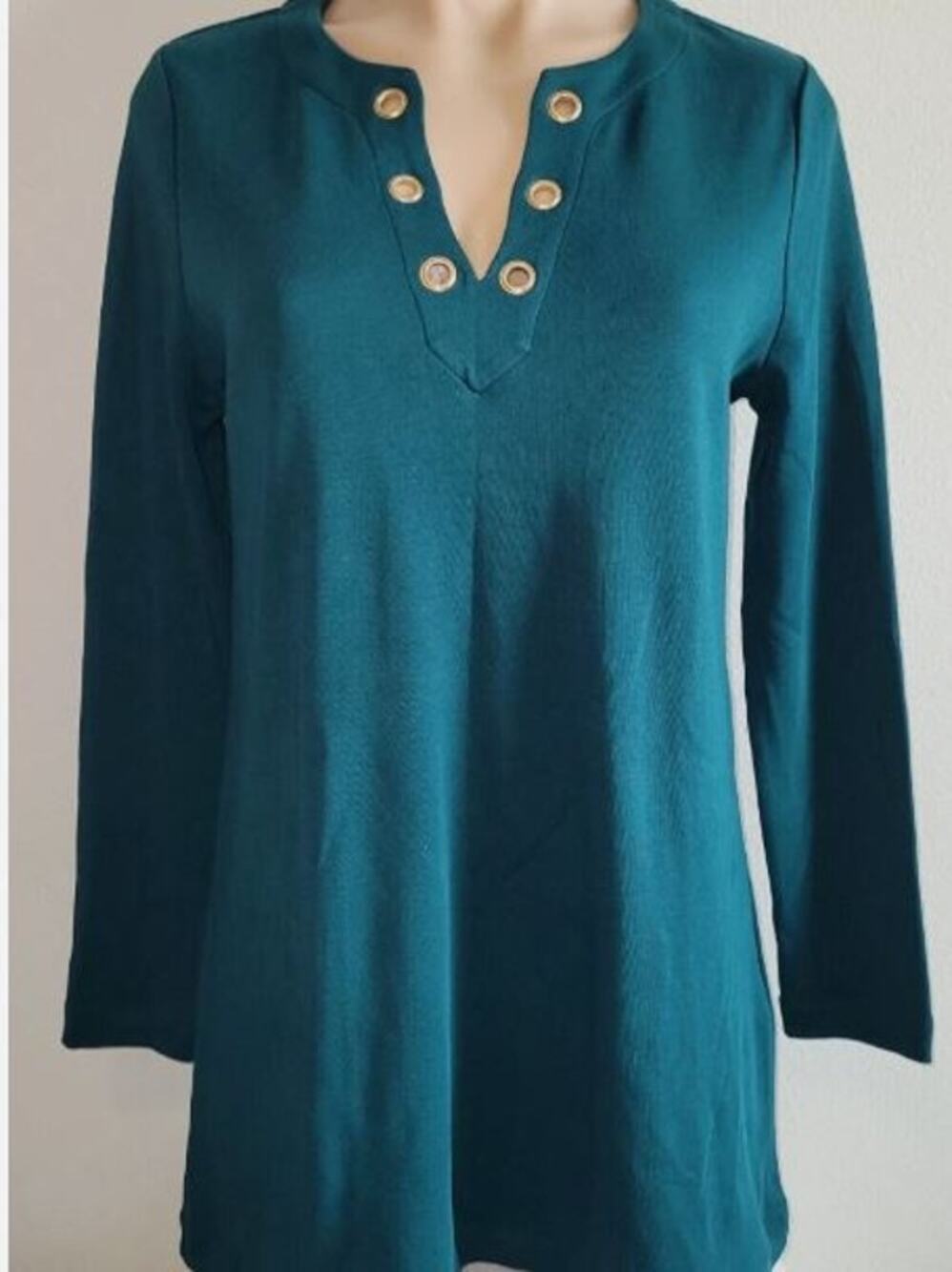 Chico's NEW 12 teal long-sleeve vneck tunic top w/ metallic gold grommet eyelets